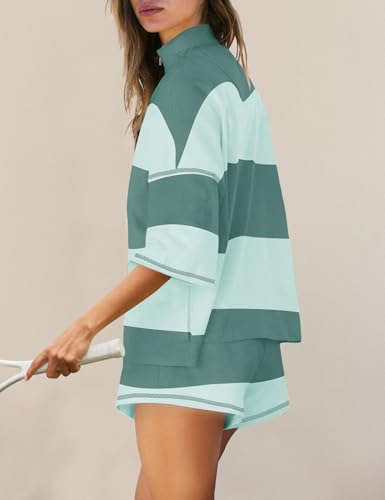 Panadila Women Striped Workout Set Two Piece Outfit Tracksuit Oversized Lounge Set Top And Shorts Sets With Pockets