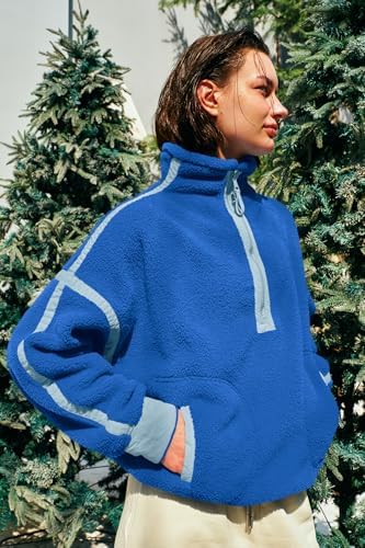 Panadila Womens Half Zip Sherpa Fleece Pullover Soft Oversized Sweatshirt With Pockets Warm Fuzzy Sweater