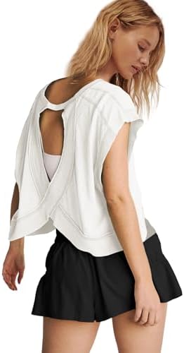 Panadila Womens Open Back Workout Top Oversized Workout T Shirts Backless Athletic Shirt Short Sleeve Baby Tee