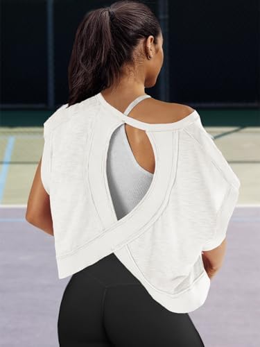 Panadila Womens Open Back Workout Top Oversized Workout T Shirts Backless Athletic Shirt Short Sleeve Baby Tee