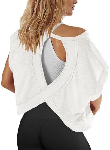 Panadila Womens Open Back Workout Top Oversized Workout T Shirts Backless Athletic Shirt Short Sleeve Baby Tee