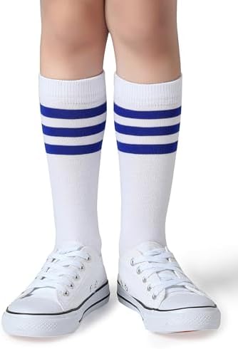 Pareberry Boys Girls Over The Calf Striped Tube Socks Cotton Soft Retro Athletics No Heel Socks For Kids 5-14 Years