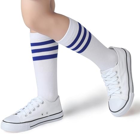 Pareberry Boys Girls Over The Calf Striped Tube Socks Cotton Soft Retro Athletics No Heel Socks For Kids 5-14 Years