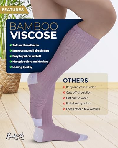 Pembrook Bamboo Viscose Light Compression Socks - 3 Pairs 8-15 Mmhg Compression Socks Knee High Comfort Support Socks