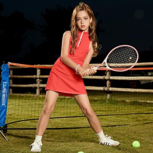 Perfashion Girls Tennis Dress 1/4 Zip Golf Outfit Built-in Bra & Shorts Pickleball Athletic Dress Workout Pockets 4-13Y