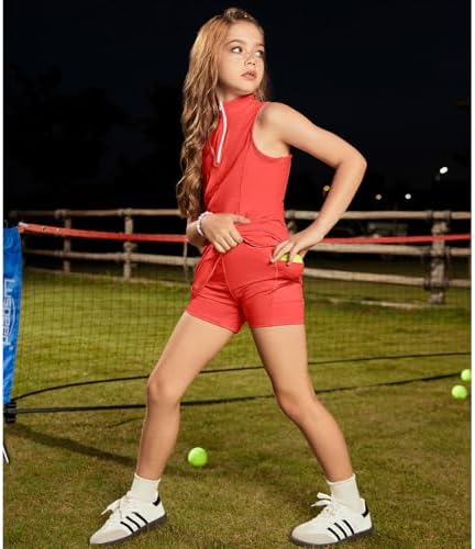 Perfashion Girls Tennis Dress 1/4 Zip Golf Outfit Built-in Bra & Shorts Pickleball Athletic Dress Workout Pockets 4-13Y