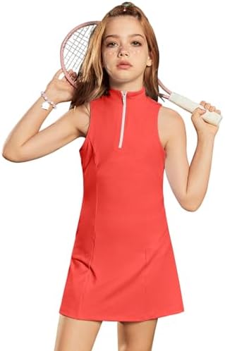 Perfashion Girls Tennis Dress 1/4 Zip Golf Outfit Built-in Bra & Shorts Pickleball Athletic Dress Workout Pockets 4-13Y