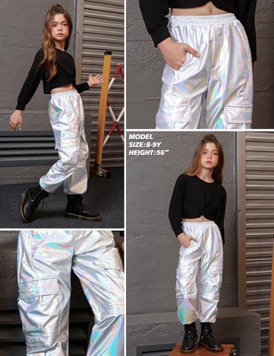 Perfashion Metallic Cargo Pants For Girls & Womens Hip Hop Dance Multi-Pocket Joggers High Waist Pants 6-15Y