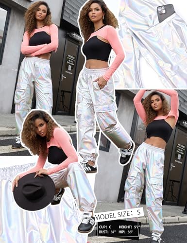Perfashion Metallic Cargo Pants For Girls & Womens Hip Hop Dance Multi-Pocket Joggers High Waist Pants 6-15Y