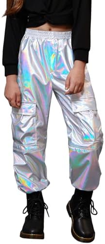 Perfashion Metallic Cargo Pants for Girls & Womens Hip Hop Dance Multi-Pocket Joggers High Waist Pants 6-15Y