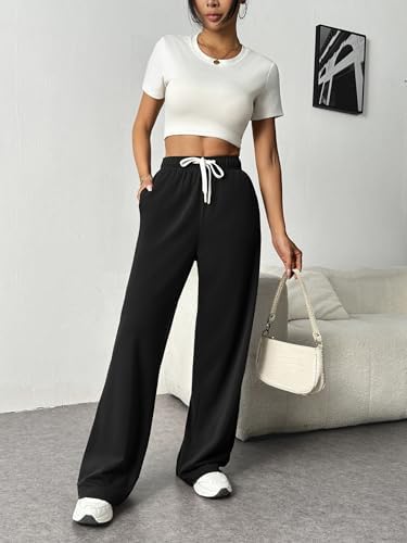 PINSPARK Wide Leg Sweat Pants For Womens High Waisted Baggy Sweatpants Casual Drawstring Workout Pants With Pockets