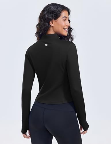 PINSPARK Women Cropped Workout Jackets Full Zip Slim Fit Athletic Jackets Thumb Holes Running Jacket With Zipper Pockets