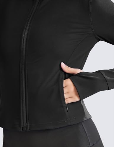 PINSPARK Women Cropped Workout Jackets Full Zip Slim Fit Athletic Jackets Thumb Holes Running Jacket With Zipper Pockets