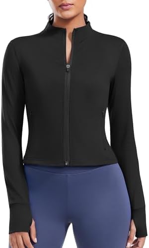 PINSPARK Women Cropped Workout Jackets Full Zip Slim Fit Athletic Jackets Thumb Holes Running Jacket with Zipper Pockets