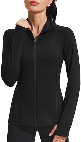 PINSPARK Women's Athletic Jackets Slim Fit Workout Jacket Full Zip Up Running Gym Yoga Sports Tops with Pockets