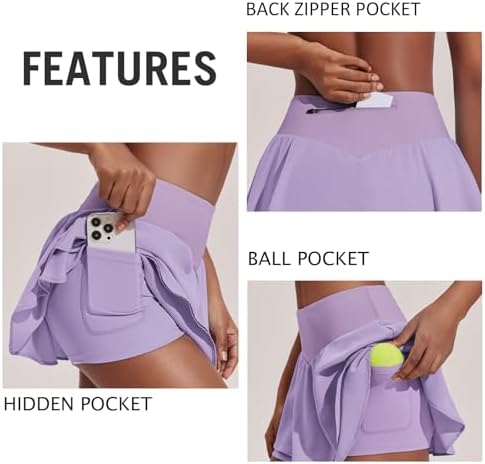 PINSPARK Womens Pleated Tennis Skirt Double Ruffle Golf Skort Tummy Control Athletic Skirts With 3 Pockets Workout Pickleball