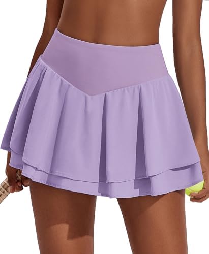 PINSPARK Womens Pleated Tennis Skirt Double Ruffle Golf Skort Tummy Control Athletic Skirts with 3 Pockets Workout Pickleball