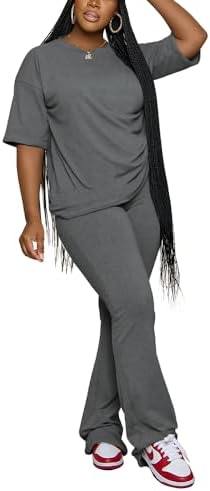 PINSV Women 2 Piece Outfits Short Sleeve Top and Flare Pants Lounge Sets Tracksuit