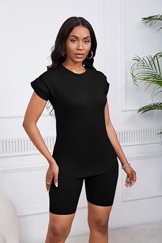 PINSV Women 2 Piece Outfits Summer Sweatsuits Biker Short Workout Jogger Sets