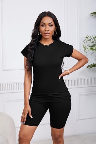 PINSV Women 2 Piece Outfits Summer Sweatsuits Biker Short Workout Jogger Sets