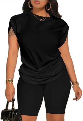 PINSV Women 2 Piece Outfits Summer Sweatsuits Biker Short Workout Jogger Sets