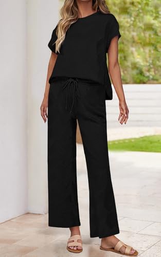 PRETTYGARDEN 2 Piece Outfits For Women Casual Tracksuit Short Sleeve Tops And Wide Leg Long Pants Matching Lounge Sets