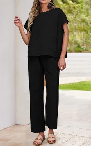 PRETTYGARDEN 2 Piece Outfits For Women Casual Tracksuit Short Sleeve Tops And Wide Leg Long Pants Matching Lounge Sets