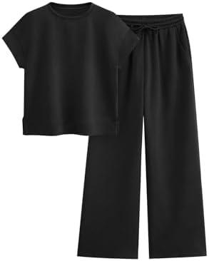 PRETTYGARDEN 2 Piece Outfits For Women Casual Tracksuit Short Sleeve Tops And Wide Leg Long Pants Matching Lounge Sets