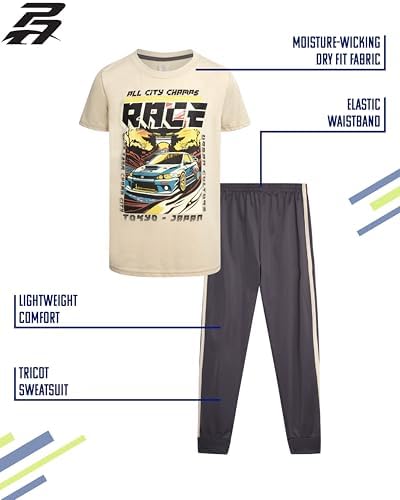 Pro Athlete Boys Pant Set - 2 Piece Tracksuit With Short Sleeve Graphic Tee And Tricot Jogger Sweatpants For Boys (8-16)