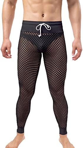 QiaTi Men's Fishnet Pants Mesh See Through Muscle Leggings Stretchy Drawstring Long Pants