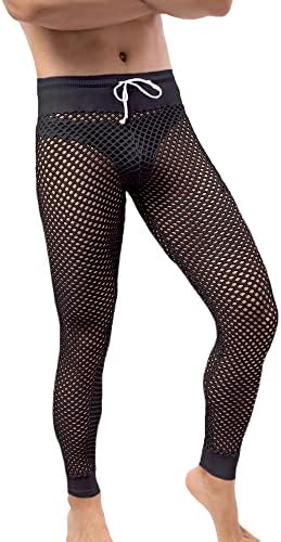 QiaTi Men's Fishnet Pants Mesh See Through Muscle Leggings Stretchy Drawstring Long Pants
