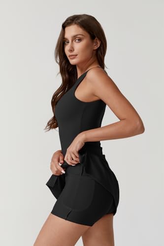 QINSEN Womens Crew Neck Tennis Dress Sleeveless Side Slit Golf Athletic Dress Build In Shorts With Pockets