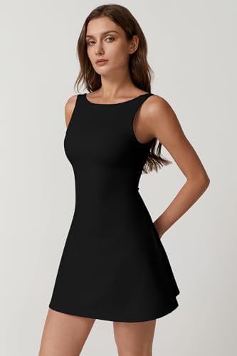 QINSEN Womens Open Back Tennis Dress Sleeveless Built In Shorts Golf Athletic Dress With Pockets