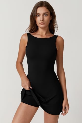 QINSEN Womens Open Back Tennis Dress Sleeveless Built In Shorts Golf Athletic Dress With Pockets