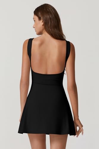 QINSEN Womens Open Back Tennis Dress Sleeveless Built In Shorts Golf Athletic Dress With Pockets