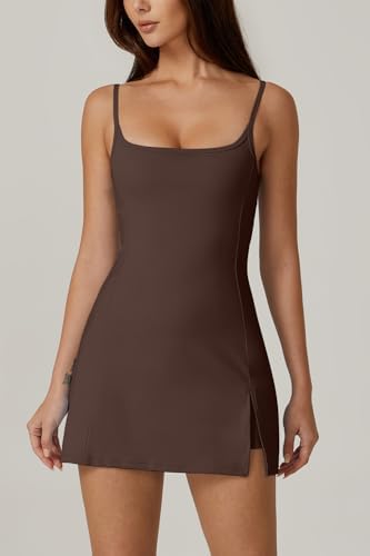 QINSEN Womens Spaghetti Strap Tennis Dress With Shorts Workout Side Slit Active Golf Dresses