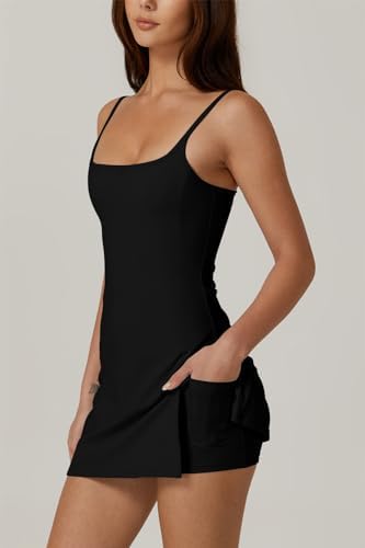 QINSEN Womens Spaghetti Strap Tennis Dress With Shorts Workout Side Slit Active Golf Dresses