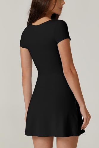 QINSEN Womens Square Neck Tennis Dress Short Sleeve Built In Shorts Golf Athletic Dress With Pockets