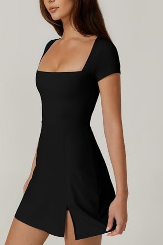 QINSEN Womens Square Neck Tennis Dress Short Sleeve Built In Shorts Golf Athletic Dress With Pockets