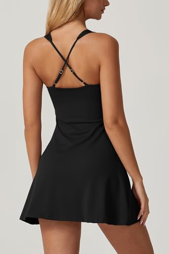 QINSEN Womens Square Neck Tennis Dress Sleeveless Built In Shorts Golf Athletic Dress With Pockets