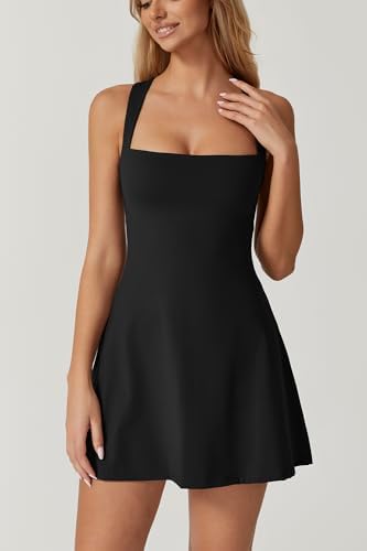 QINSEN Womens Square Neck Tennis Dress Sleeveless Built In Shorts Golf Athletic Dress With Pockets