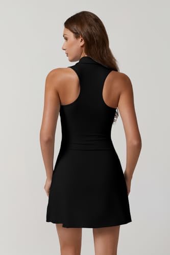 QINSEN Womens Zip Front Tennis Dress Polo Collar Racer Back Workout Golf Dresses Build In Shorts With Pockets