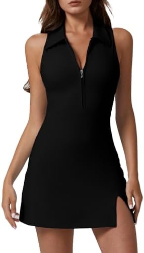 QINSEN Womens Zip Front Tennis Dress Polo Collar Racer Back Workout Golf Dresses Build in Shorts with Pockets