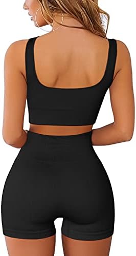 QINSEN Workout Sets For Women 2 Piece Seamless Ribbed Crop Tank High Waist Shorts Yoga Outfits