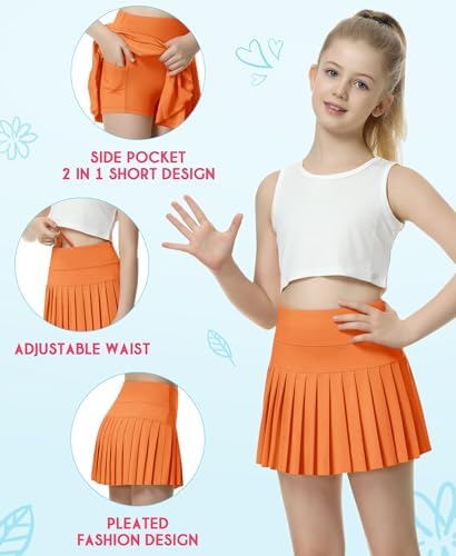 QooNoo Girls Pleated Tennis Skirts With Shorts Athletic Skirt With Side Pocket High Waist Active Skort For Girl Youth Kids