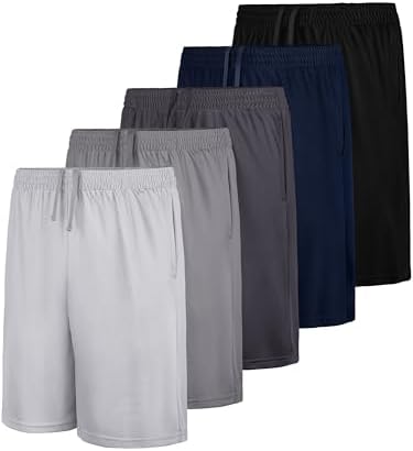 QWE 5-Pack Boys Athletic Shorts with Pockets Dry-Fit Basketball Soccer Boys Shorts for Youth & Kids Outdoor