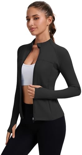 Rapbin Women's Full Zip Workout Jackets Runing Slim Fit Athletic Tops With Thumb Holes