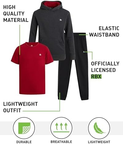 RBX Boys Sweatsuit Set - 3 Piece Active Fleece Jogger Sweatpants Hoodie And T-Shirt For Boys - Athletic Outfit (Sizes 2T-12)