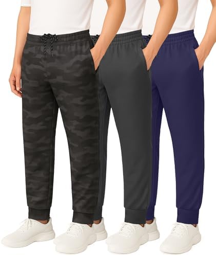 Real Essentials 3 Pack: Boy's Mesh Jogger Sweatpants - Youth Kids Baseball Football Athletic Pants with Pockets