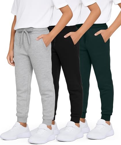 Real Essentials 3 Pack: Boys' Cotton Fleece Jogger Sweatpants - Active Athletic Youth Pants for Teens with Pockets